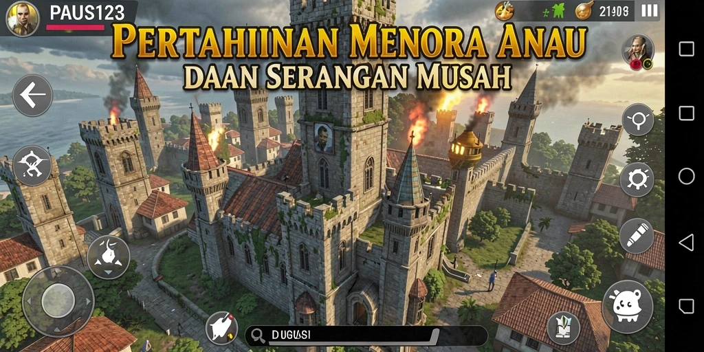Screenshot gameplay PAUS123 menampilkan aksi seru dalam pertempuran Tower Defense.