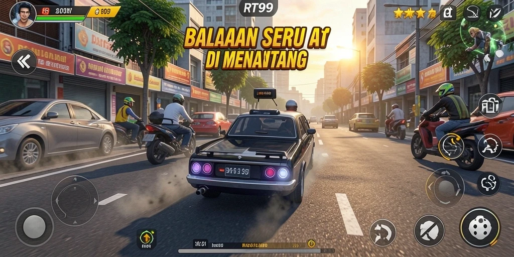 Tangkapan layar permainan yang menunjukkan balapan seru di RT99.