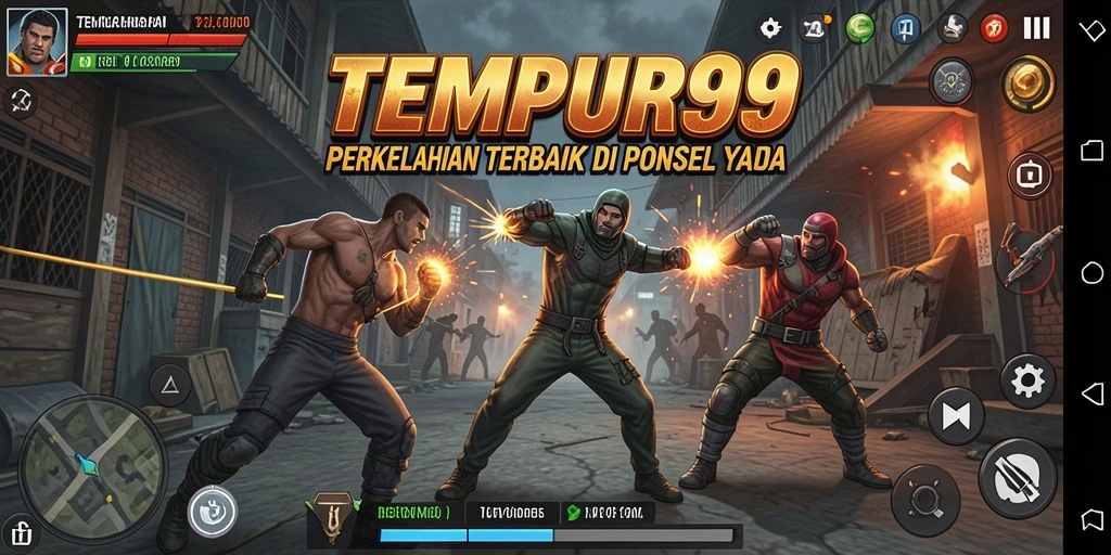 Tangkapan layar TEMPUR99 menampilkan pertarungan intens dengan karakter unik.